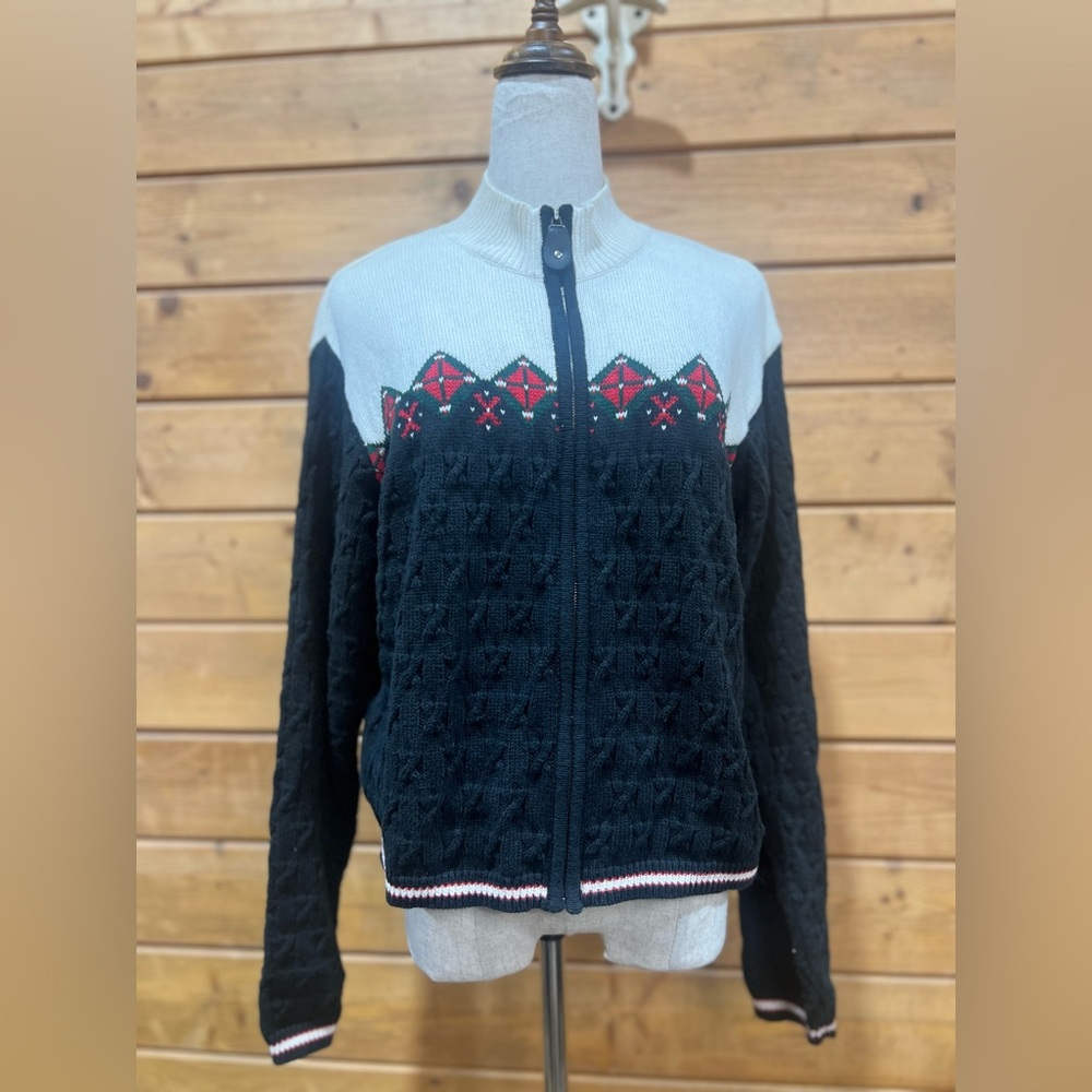Liz Claiborne Fair Isle Zip Cardigan Sweater Small Nordic Ski Lodge Knit Holiday